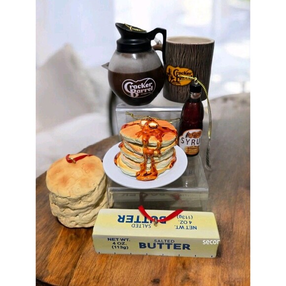 Cracker Barrel Christmas Ornaments 6 Pc Lot Pancakes Syrup Butter Coffee Biscuit - Picture 1 of 7
